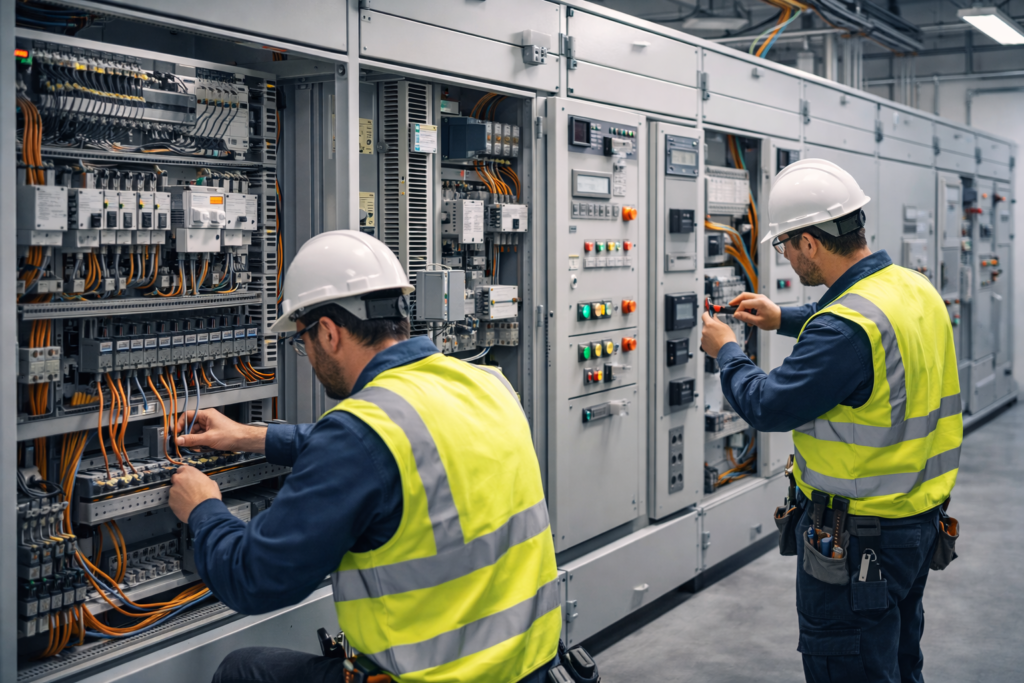 Electricians working on industrial control panel maintenance.