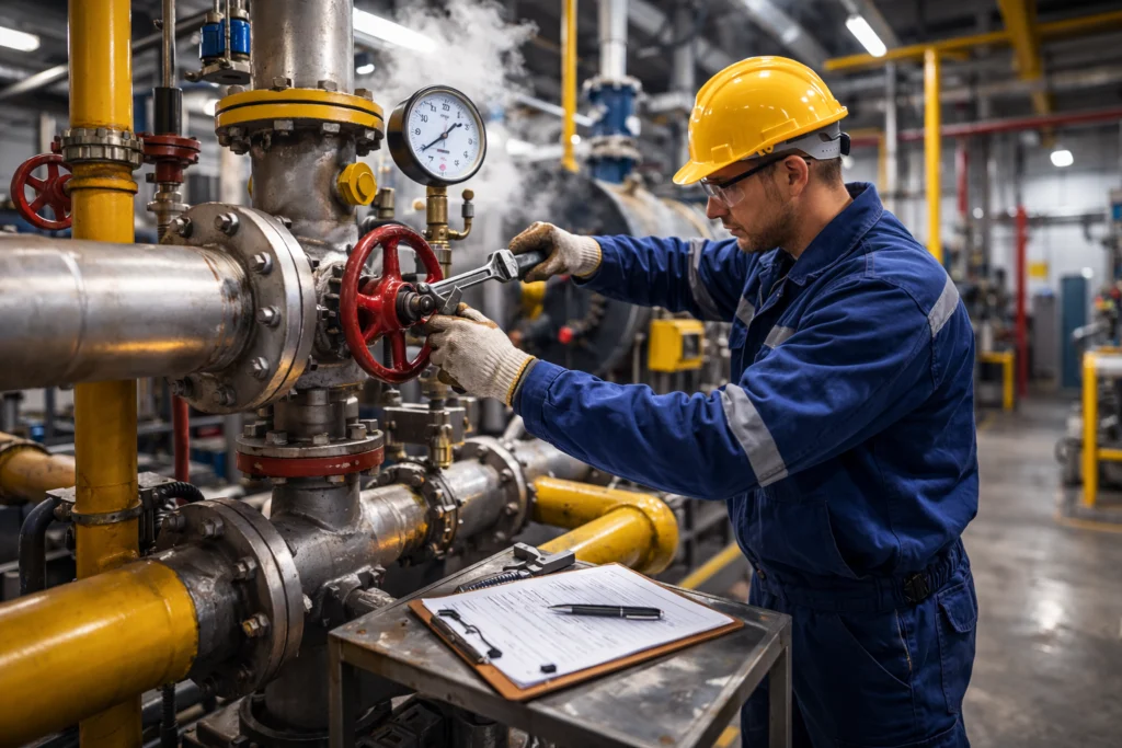 Engineer adjusting industrial pipe valve with tools.