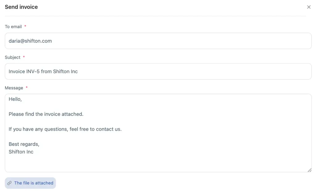 Email invoice sending interface
