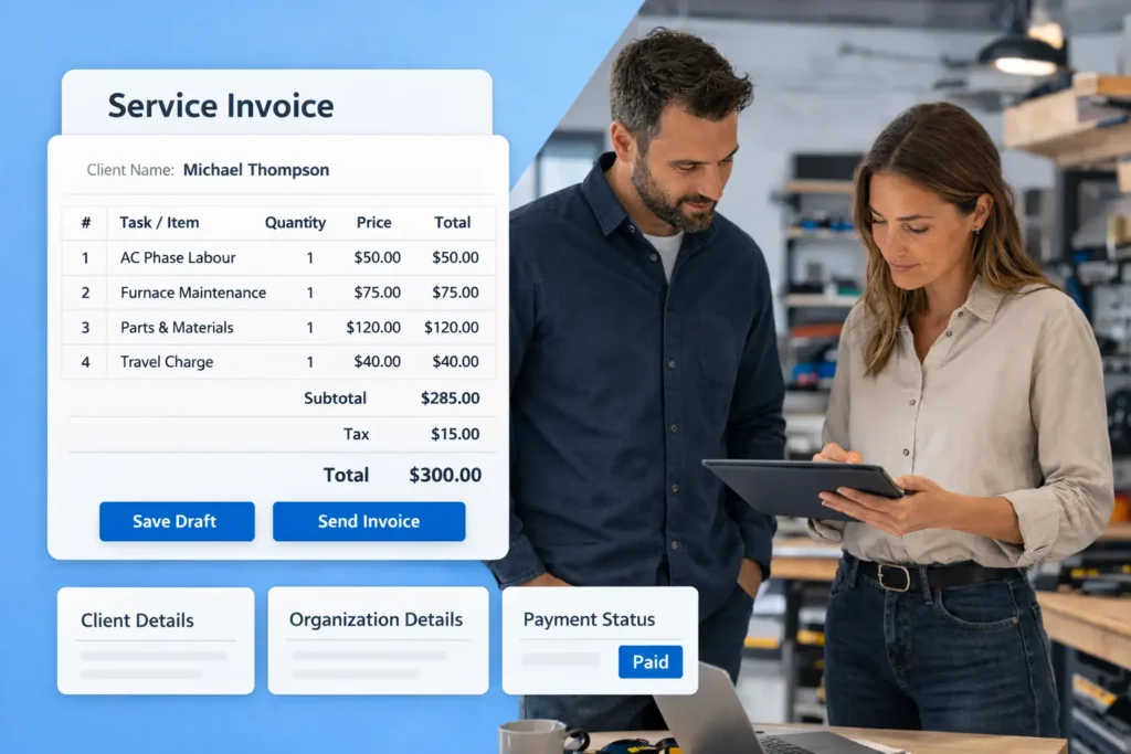 Two people reviewing invoice on tablet