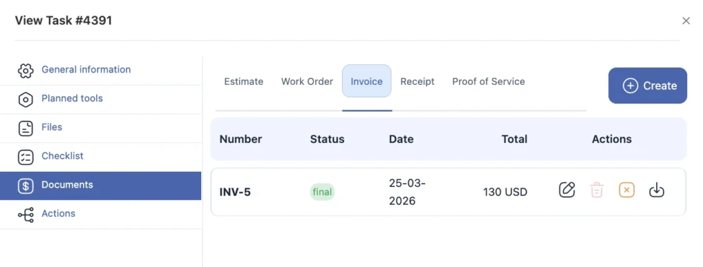 Task management invoice interface