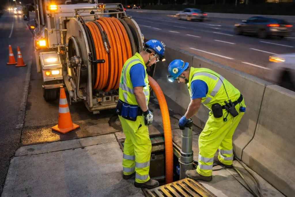 Workers performing nighttime highway maintenance.