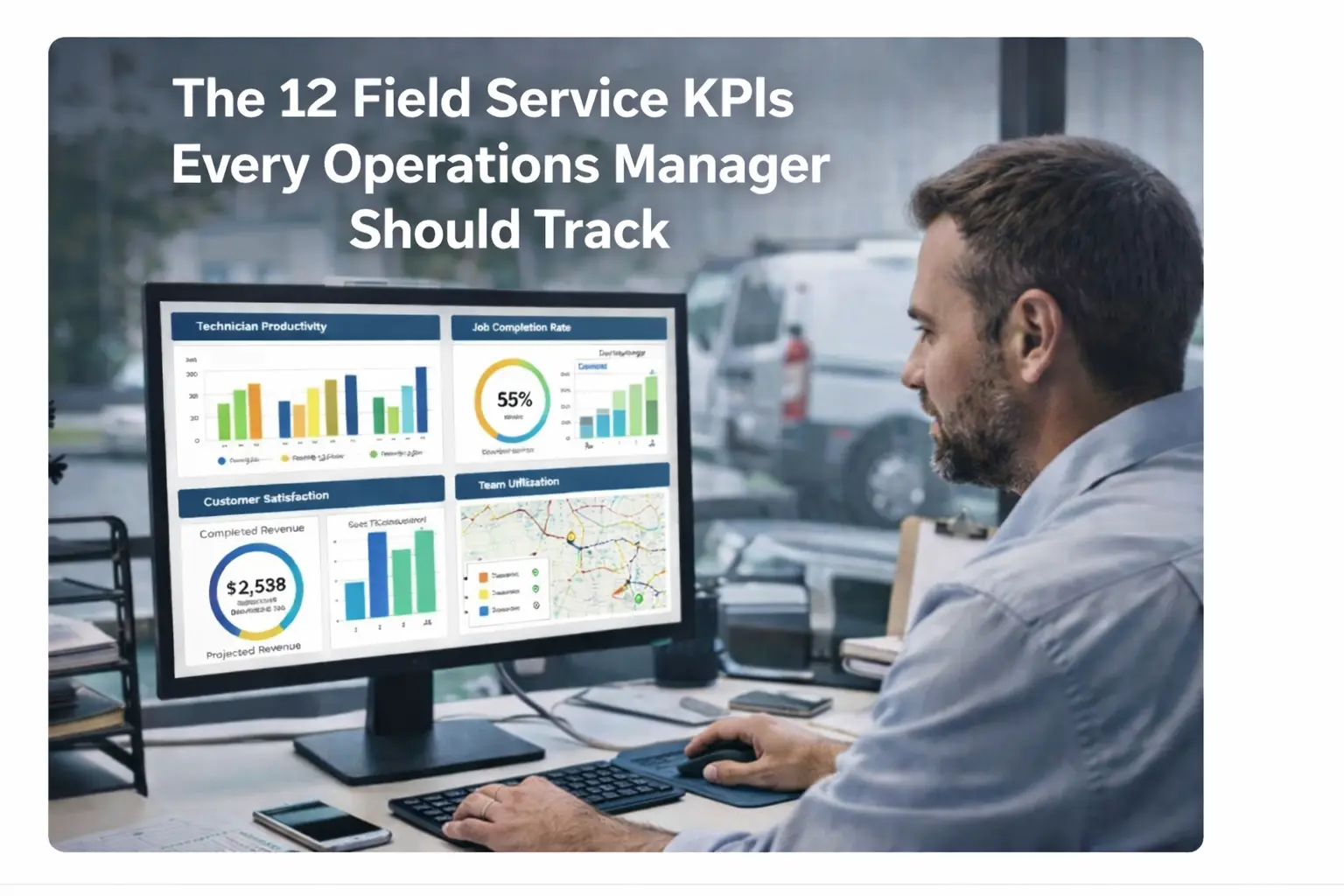 Operations manager reviewing field service KPIs on a dashboard screen in an office setting