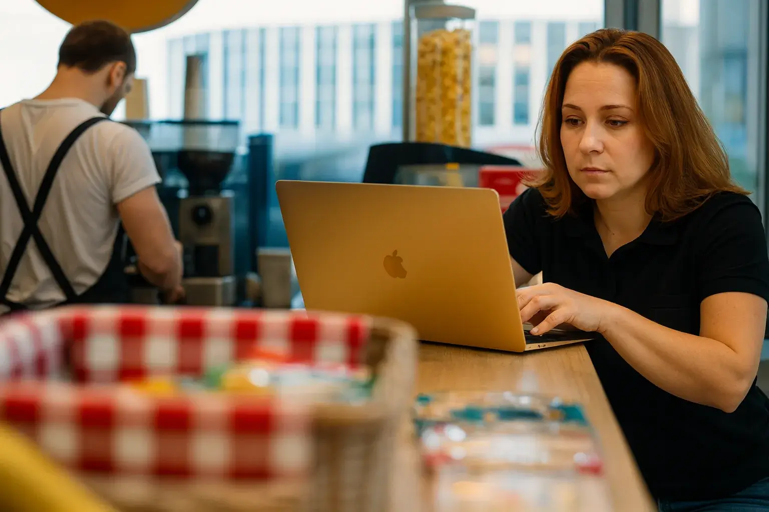 Woman working on laptop in a cafe