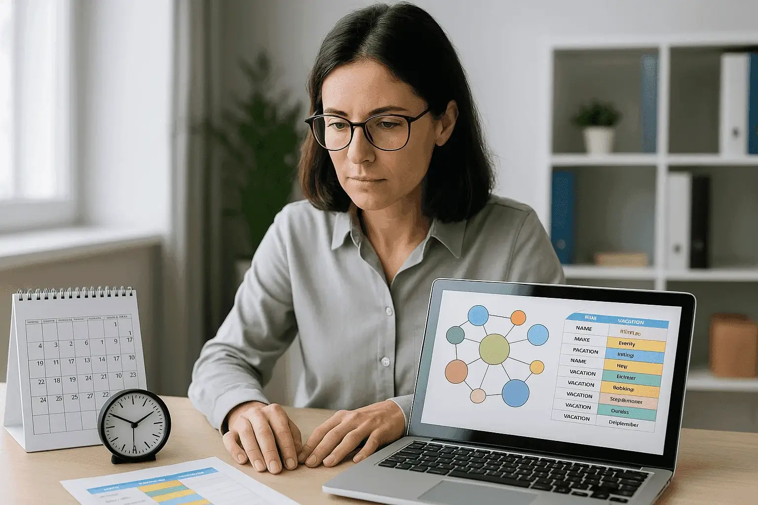 Woman focused on project management at desk with laptop, calendar, and clock in office.