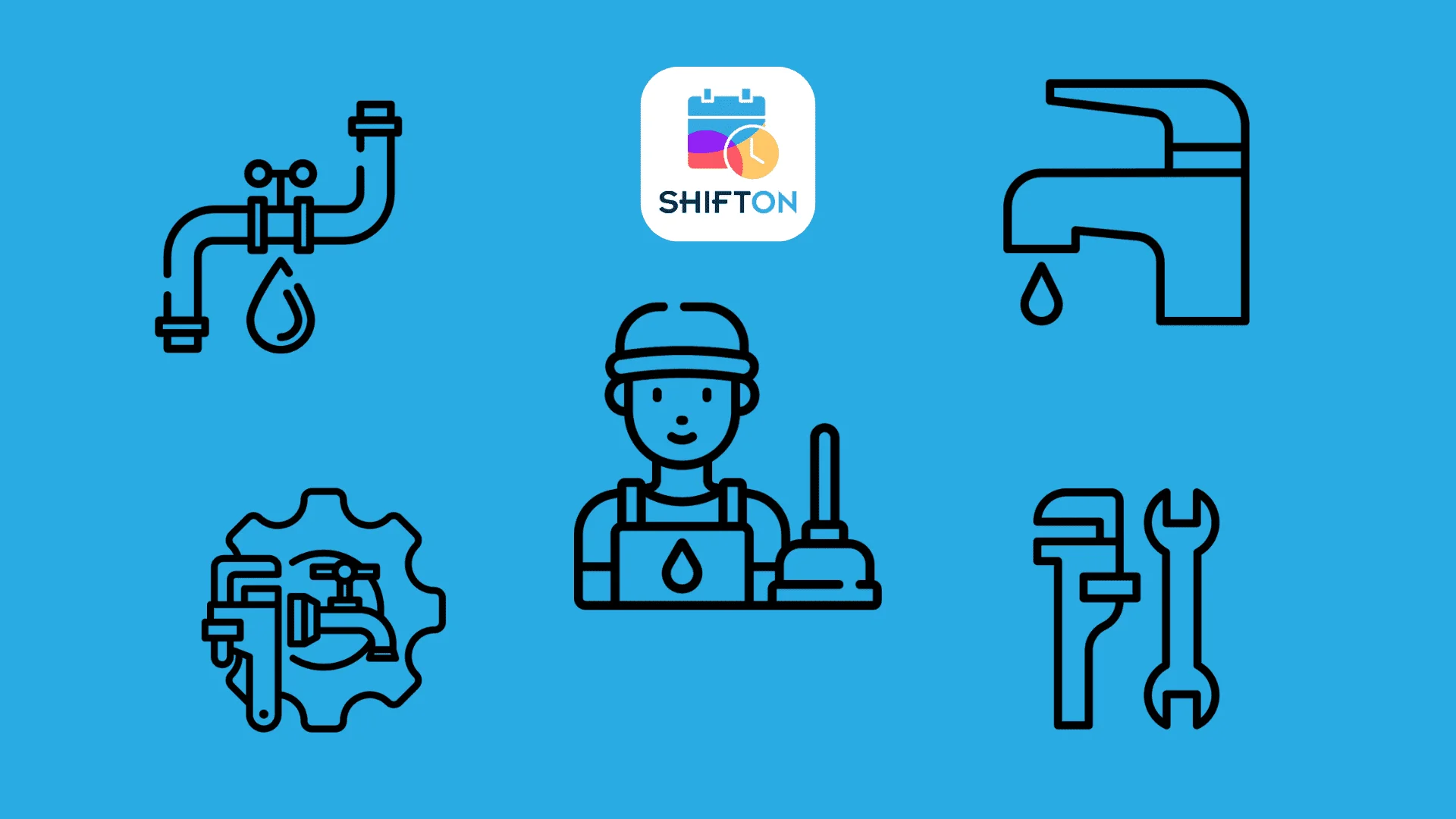 SHIFTON logo surrounded by plumbing icons, showcasing tools and expertise in maintenance solutions.