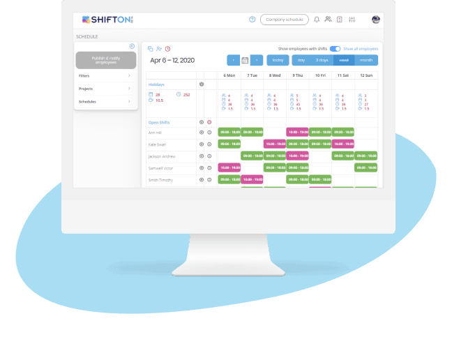 Color-coded employee shift calendar for efficient scheduling with SHIFTONE, April 6-12, 2020.