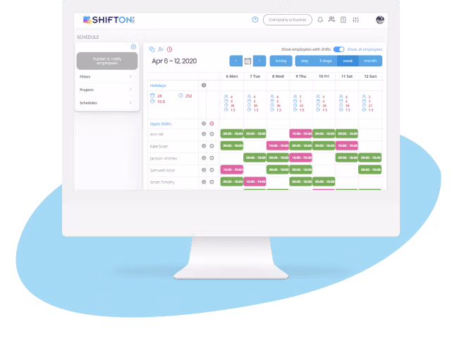 Color-coded employee shift calendar for efficient scheduling with SHIFTONE, April 6-12, 2020.