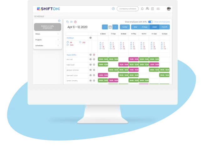 Color-coded employee shift calendar for efficient scheduling with SHIFTONE, April 6-12, 2020.
