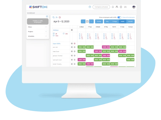 Color-coded employee shift calendar for efficient scheduling with SHIFTONE, April 6-12, 2020.