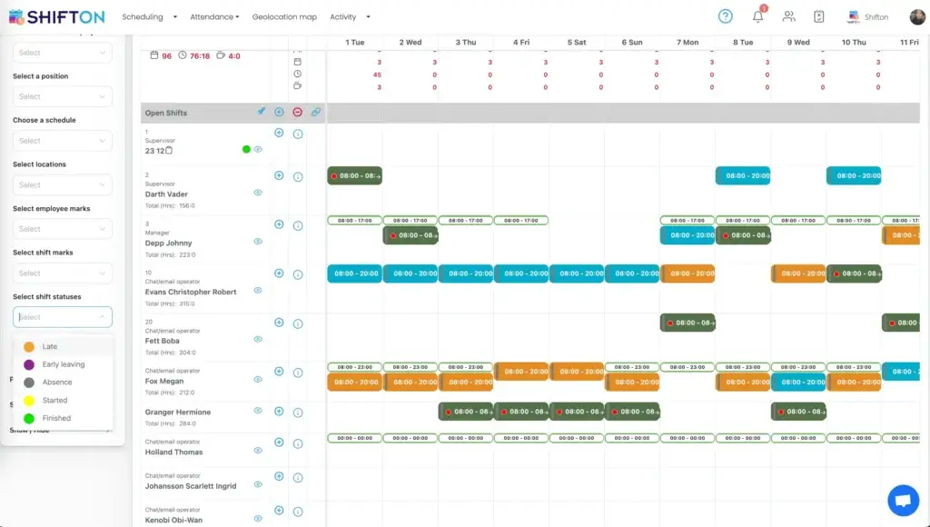Efficient employee scheduling dashboard with color-coded shifts and customizable options for streamlined management.