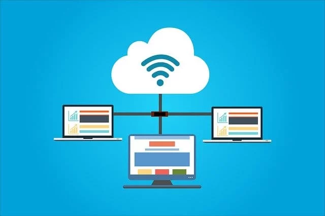 Cloud computing visual: central cloud connects multiple devices for seamless data access and collaboration.