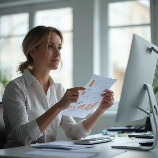 Professional woman focused on data analysis in a bright, modern office setting.