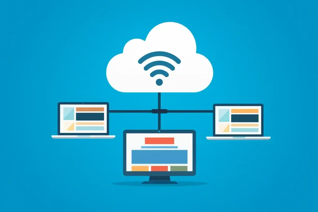 Cloud computing visual: central cloud connects multiple devices for seamless data access and collaboration.