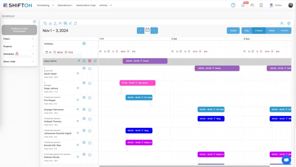 Simplify shift management using Shiftons user-friendly color-coded scheduling interface.