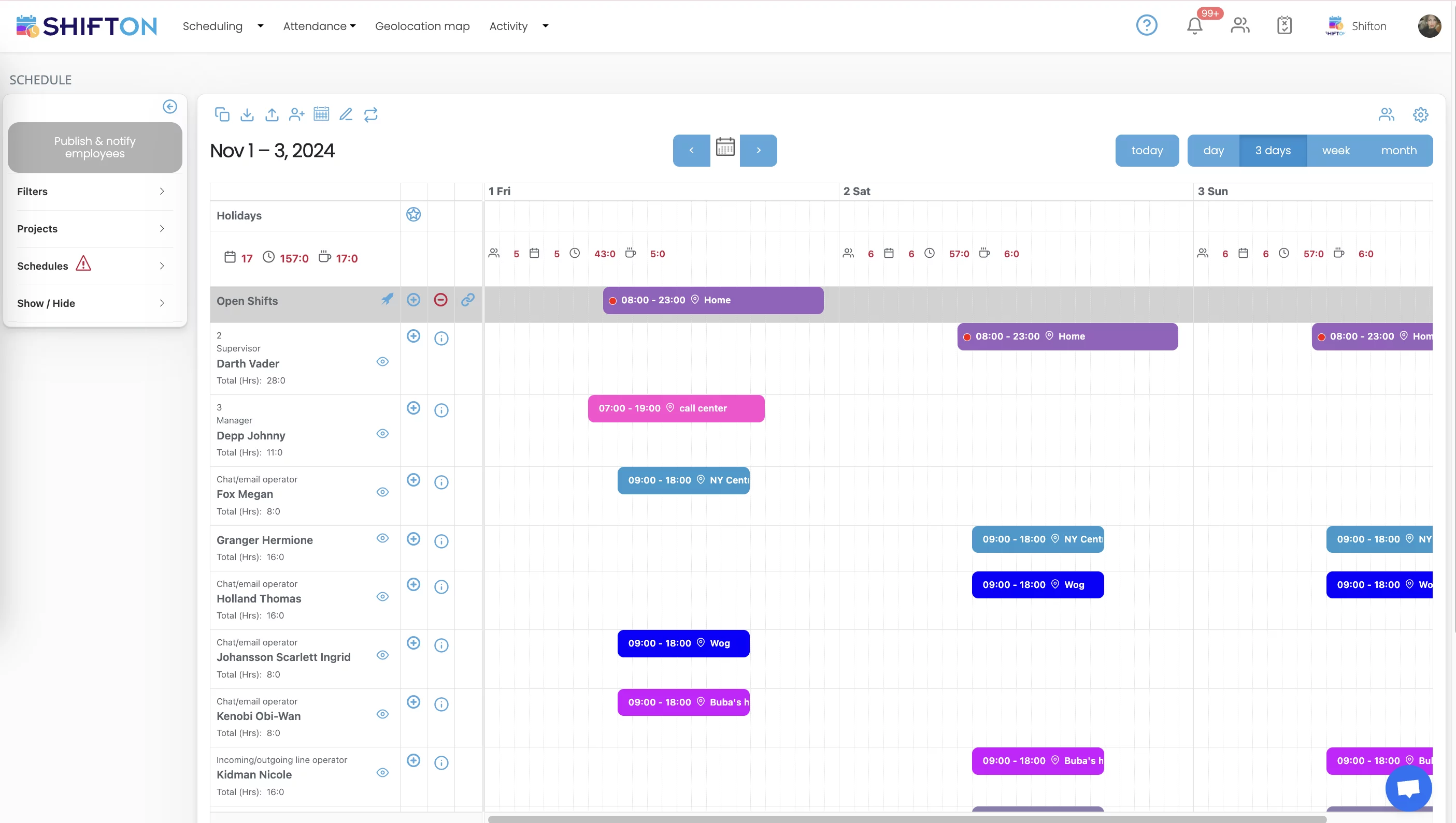 Simplify shift management using Shiftons user-friendly color-coded scheduling interface.