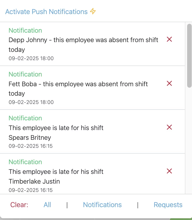 Real-time notifications for employee attendance, tracking absences and tardiness for effective management.
