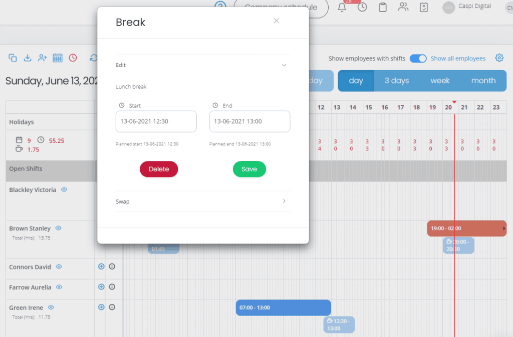 Streamlined Shift and Break Scheduling Interface