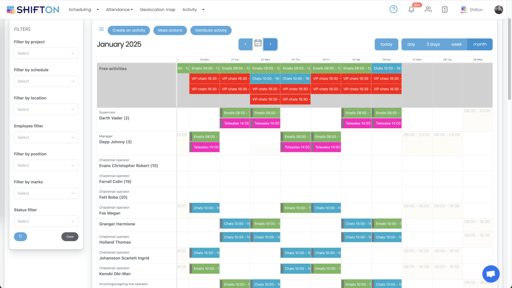 Interactive January 2023 scheduling calendar with color-coded shifts and customizable filtering options.