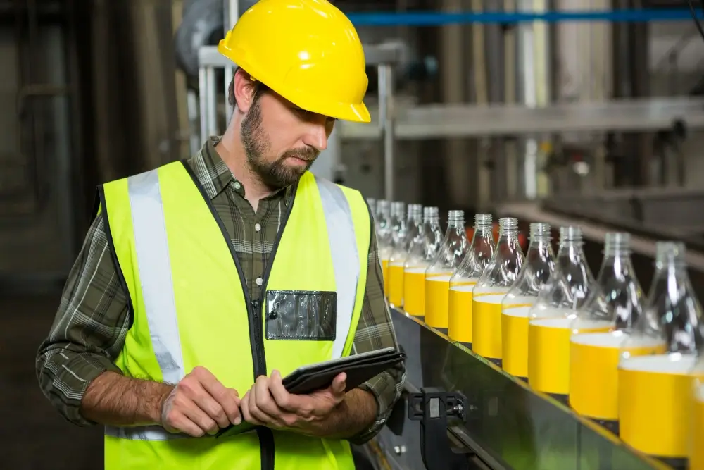 Worker in safety gear using tablet to oversee efficient glass bottle production line.