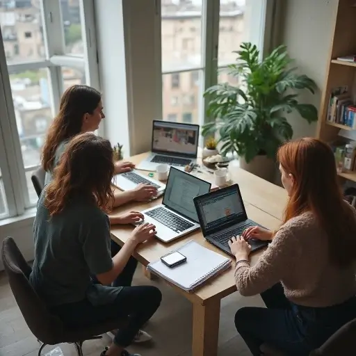 Collaborative team working in a bright, modern workspace filled with greenery and natural light.