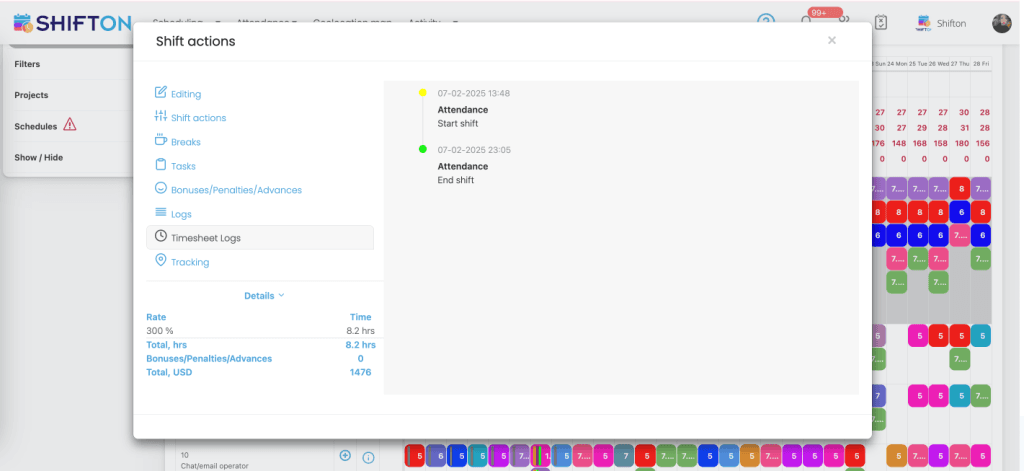 Shift management interface with attendance metrics and a colorful scheduling grid for team coordination.