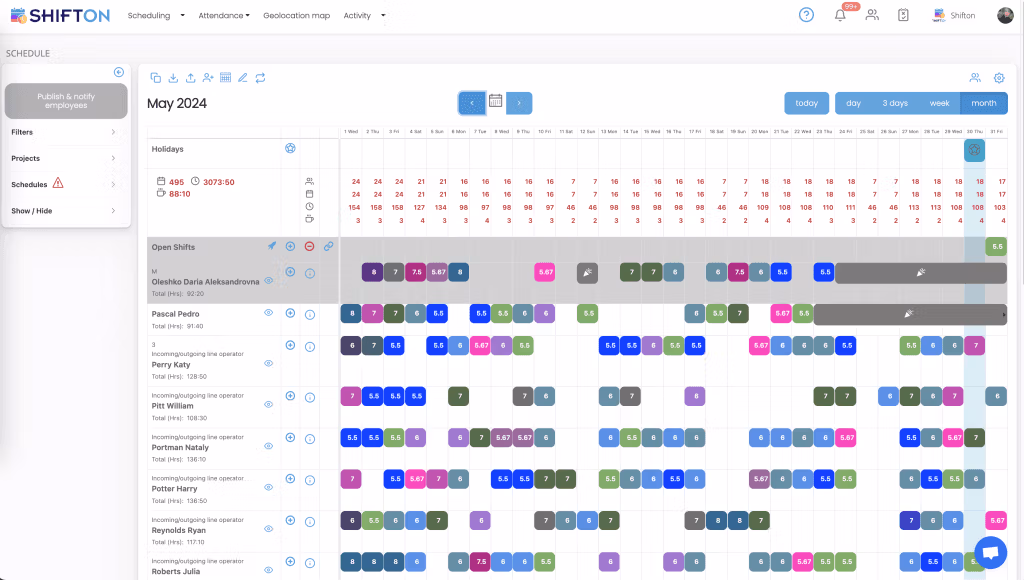 Color-coded ShiftOn scheduling interface for May 2018, enhancing employee shift management and visibility.