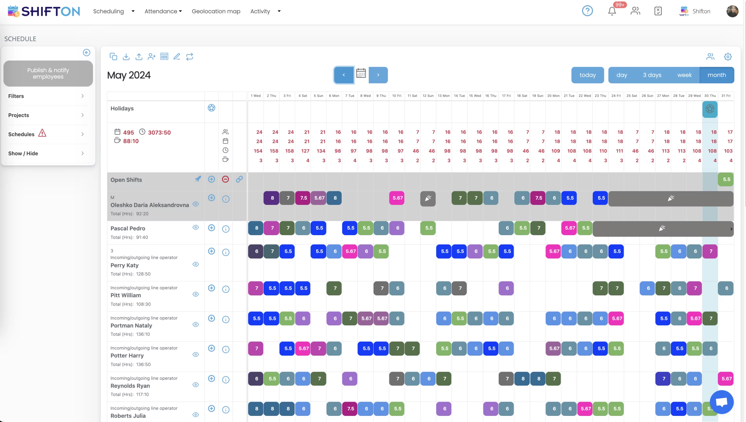 Color-coded ShiftOn scheduling interface for May 2018, enhancing employee shift management and visibility.
