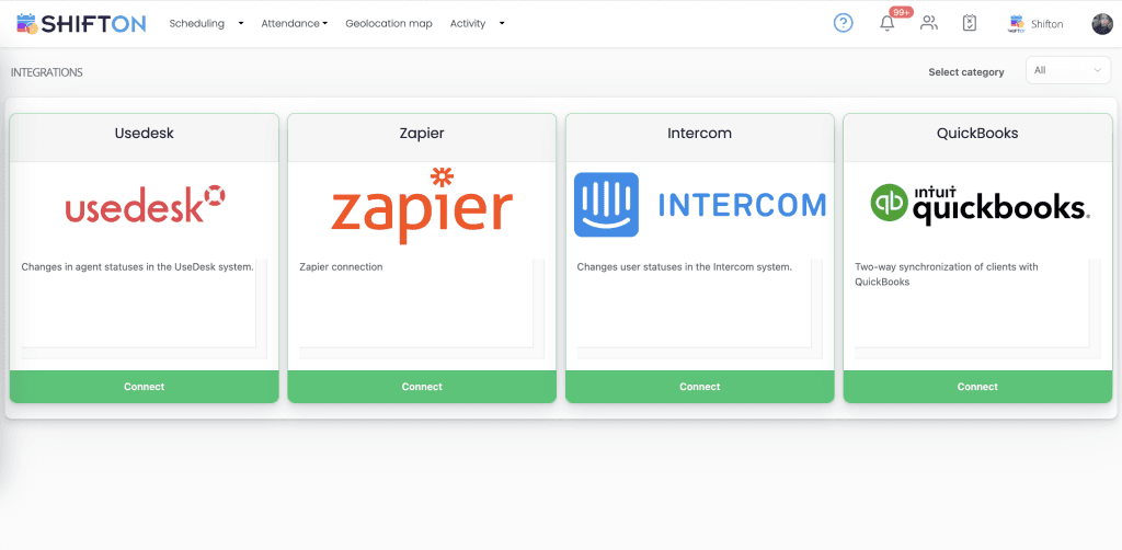 Easily connect Usedesk, Zapier, Intercom, and QuickBooks with Shifttons user-friendly interface.
