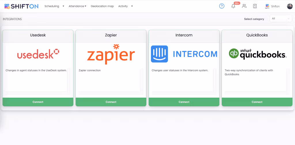 Easily connect Usedesk, Zapier, Intercom, and QuickBooks with Shifttons user-friendly interface.