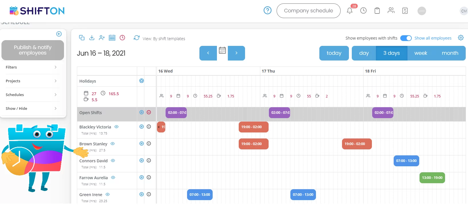 Engaging Shiftton interface for easy employee scheduling with vibrant color-coded shifts.