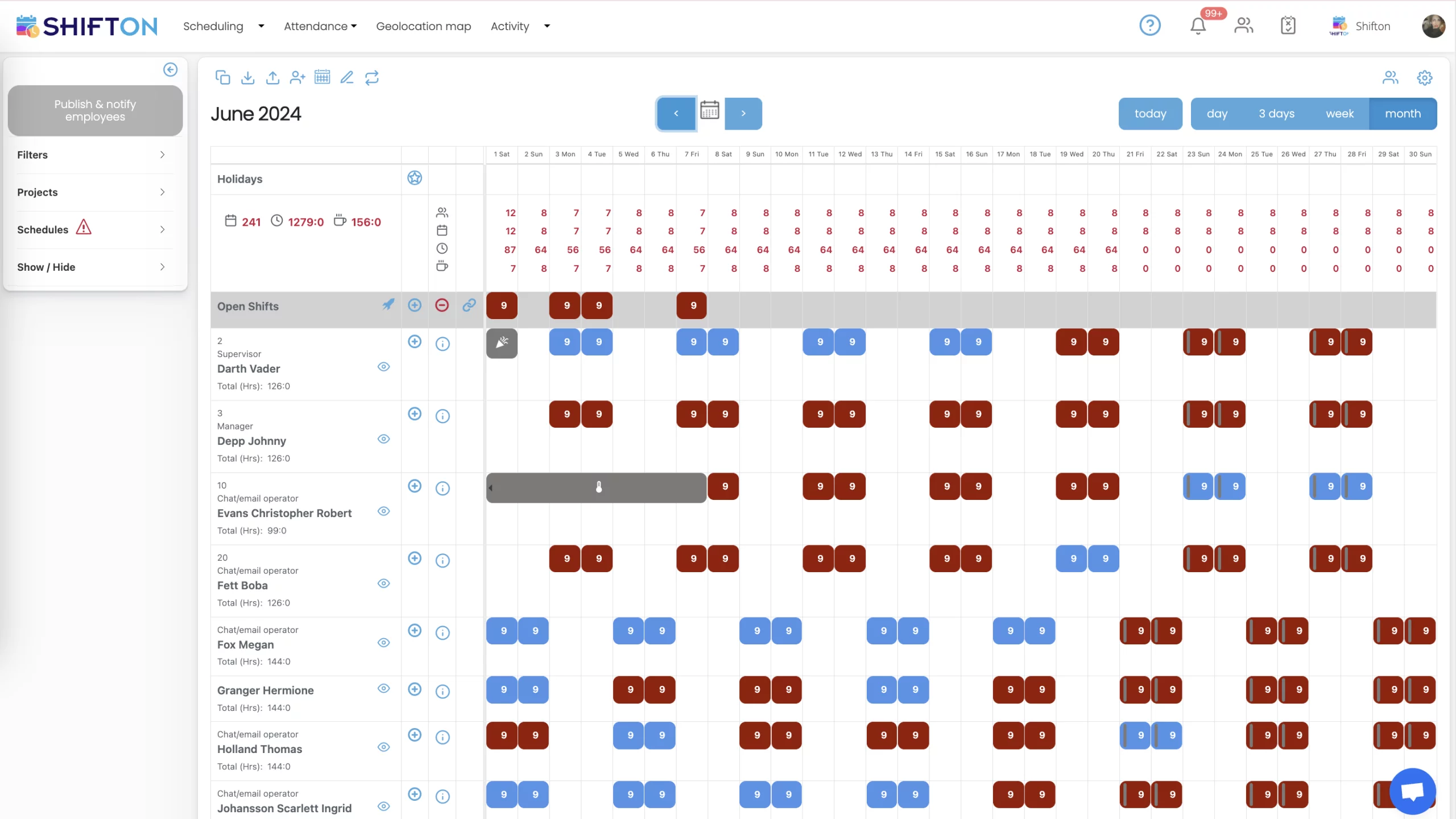 June 2024 shift scheduling dashboard with color-coded employee shifts for efficient management.