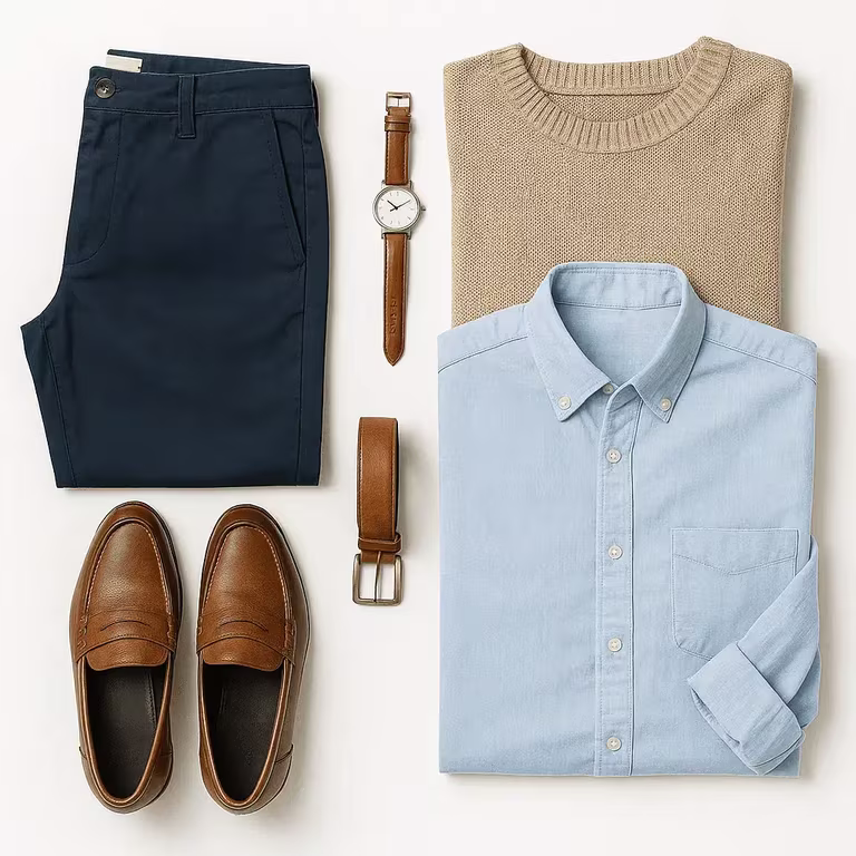 Miesten business casual asu tarvikkeineen.