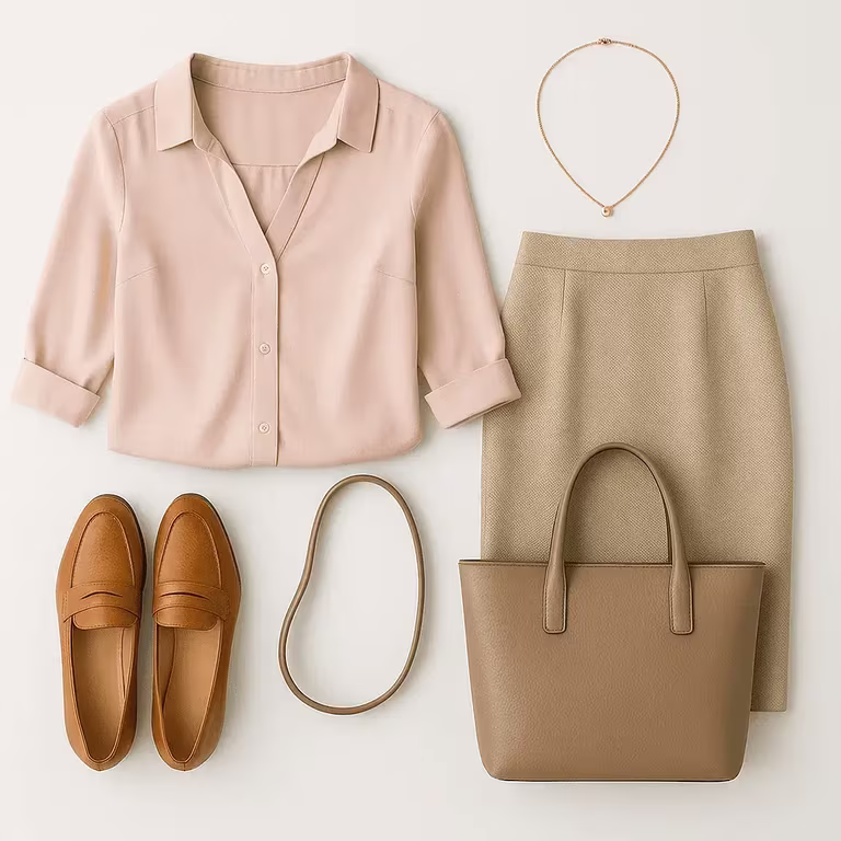 Naisten business casual asu tarvikkeineen.