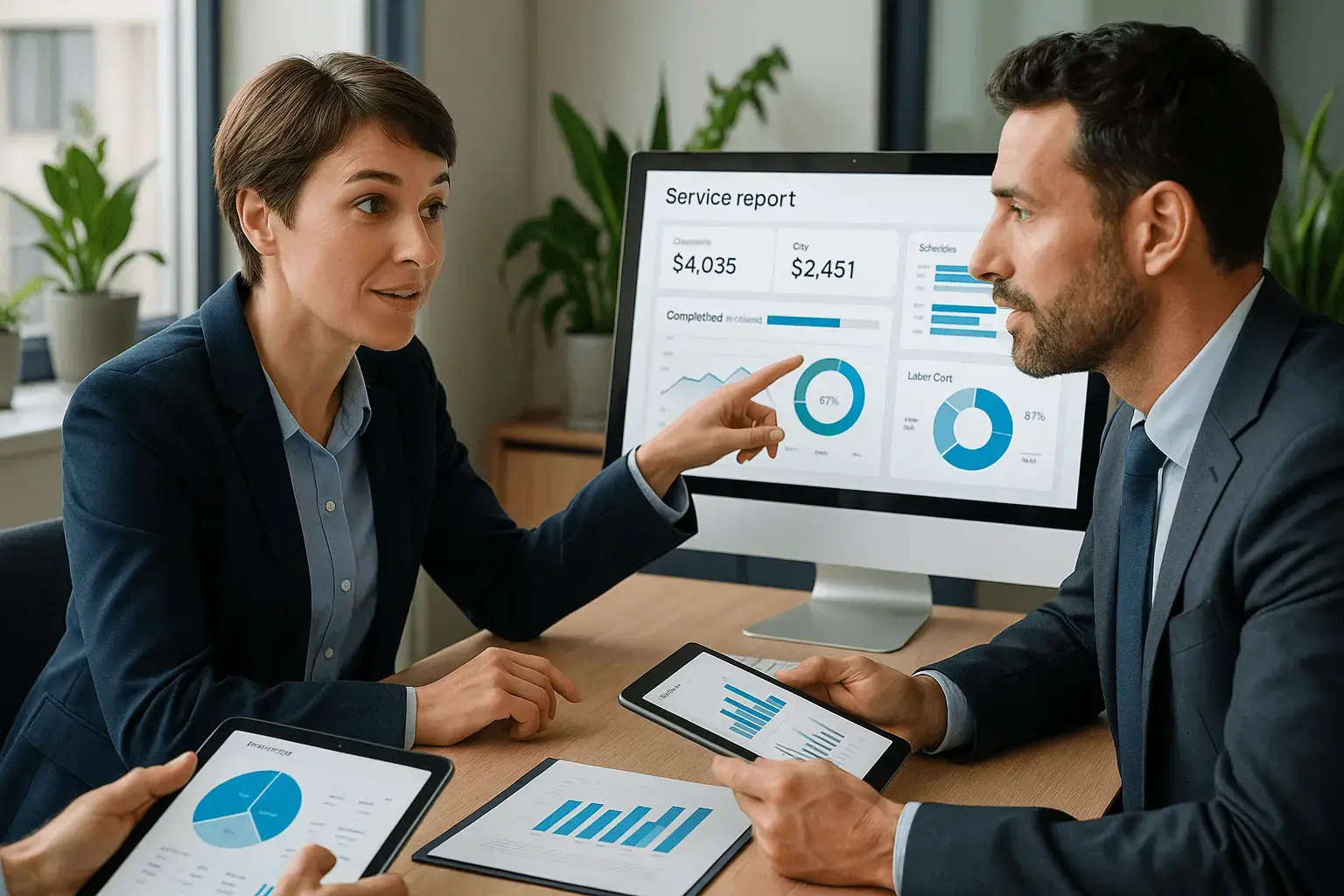 Business meeting discussing digital performance metrics.