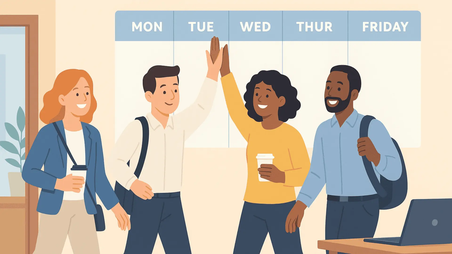 Nagkakaisa ang mga empleyado sa pagtatapos ng ika-apat na araw ng trabaho - illustrasyon para sa artikulo tungkol sa apat na araw na work week