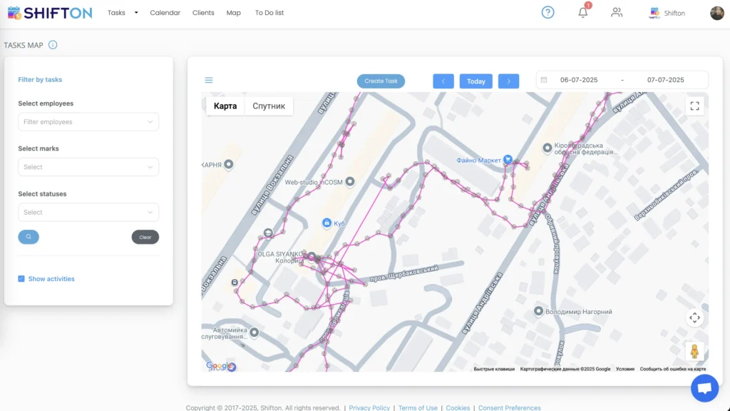 Task management interface with map and filters.