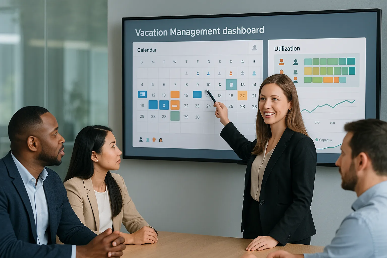 Team discussing vacation management dashboard in meeting.