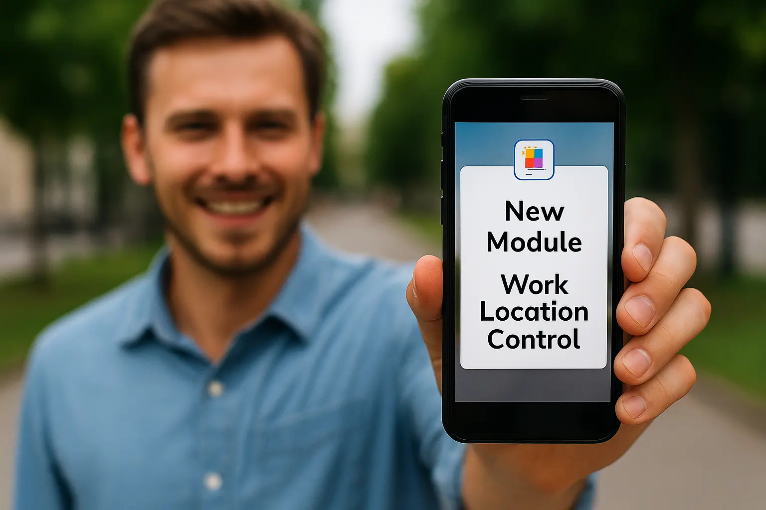 Person holding phone showing New Module announcement.