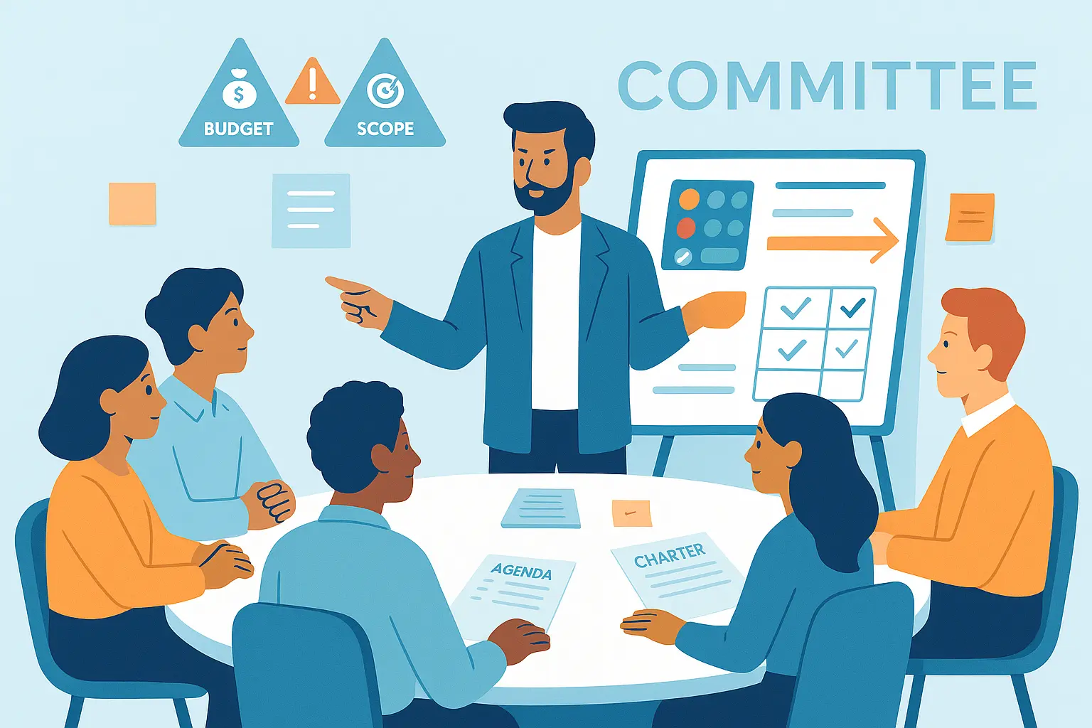 Steering committee meeting: facilitator presents a roadmap and checklist while five members review budget and scope around a round table.