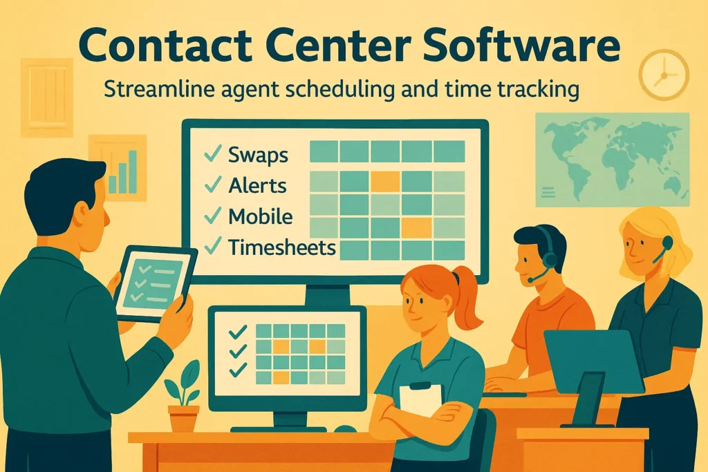 Contact Center Software dashboard for efficient agent scheduling and time tracking.