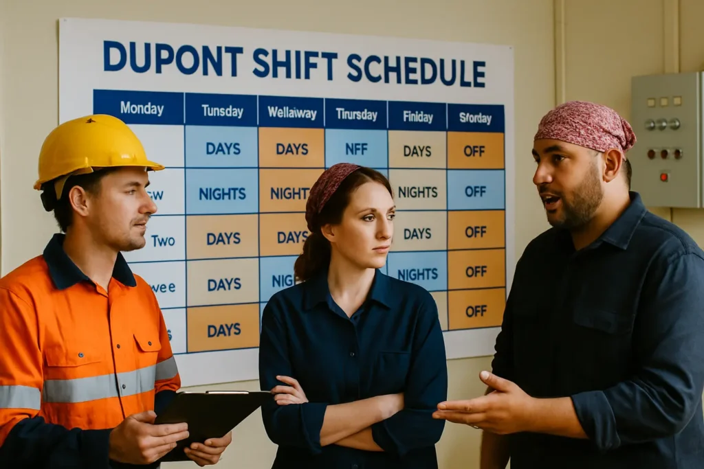 Workers discussing schedule in front of shift board.