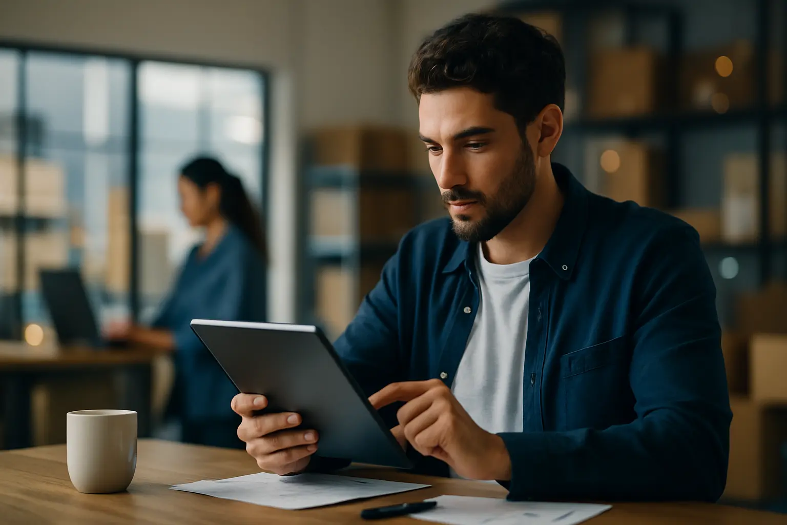 Operations manager reviews tasks on a tablet in a real workspace — candid scene with copy space.