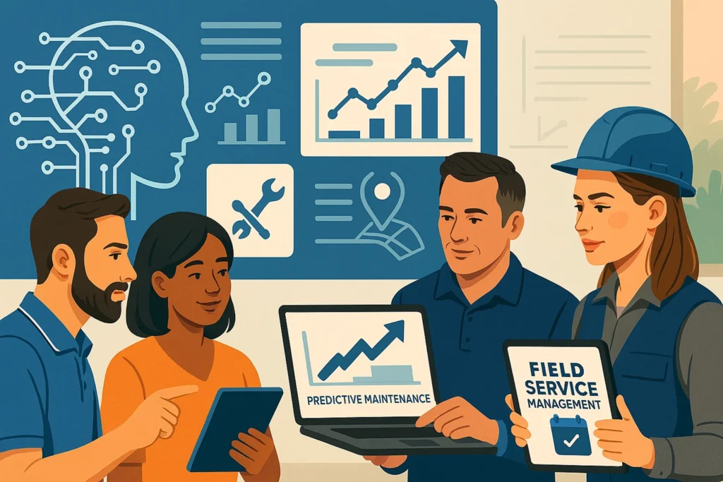 Team of field service managers analyzing AI data dashboards and predictive maintenance insights in a modern office