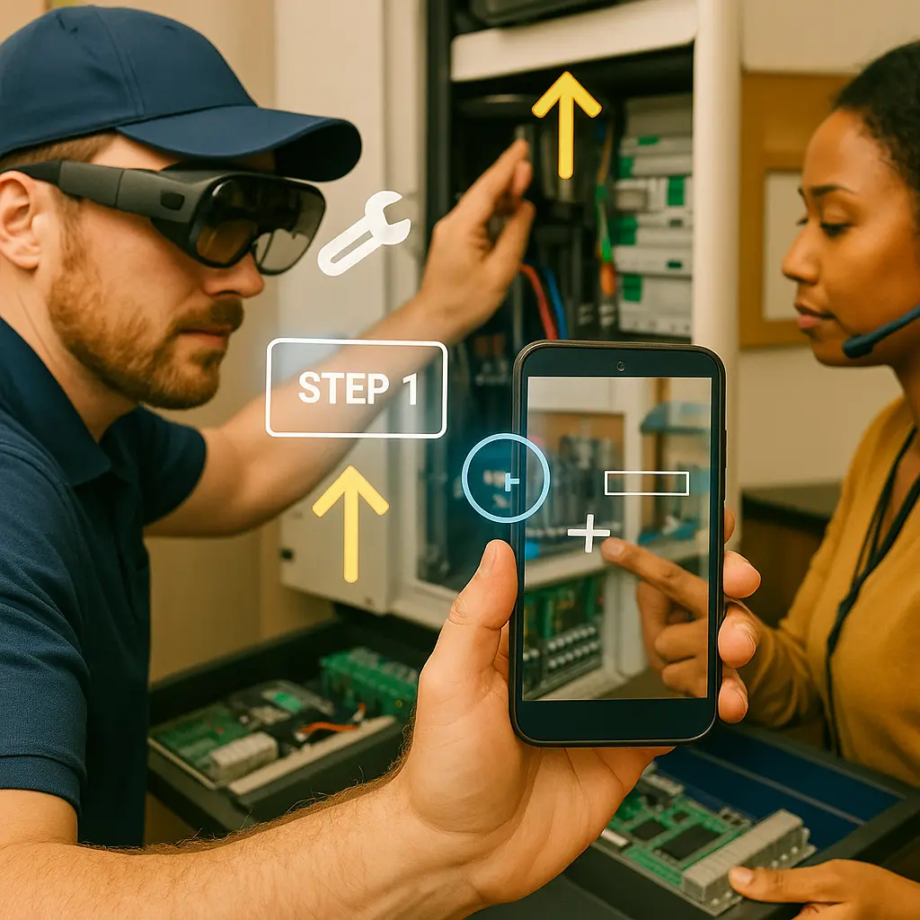Technicians using augmented reality in field service: AR glasses and phone overlay provide step-by-step guidance on electrical cabinet