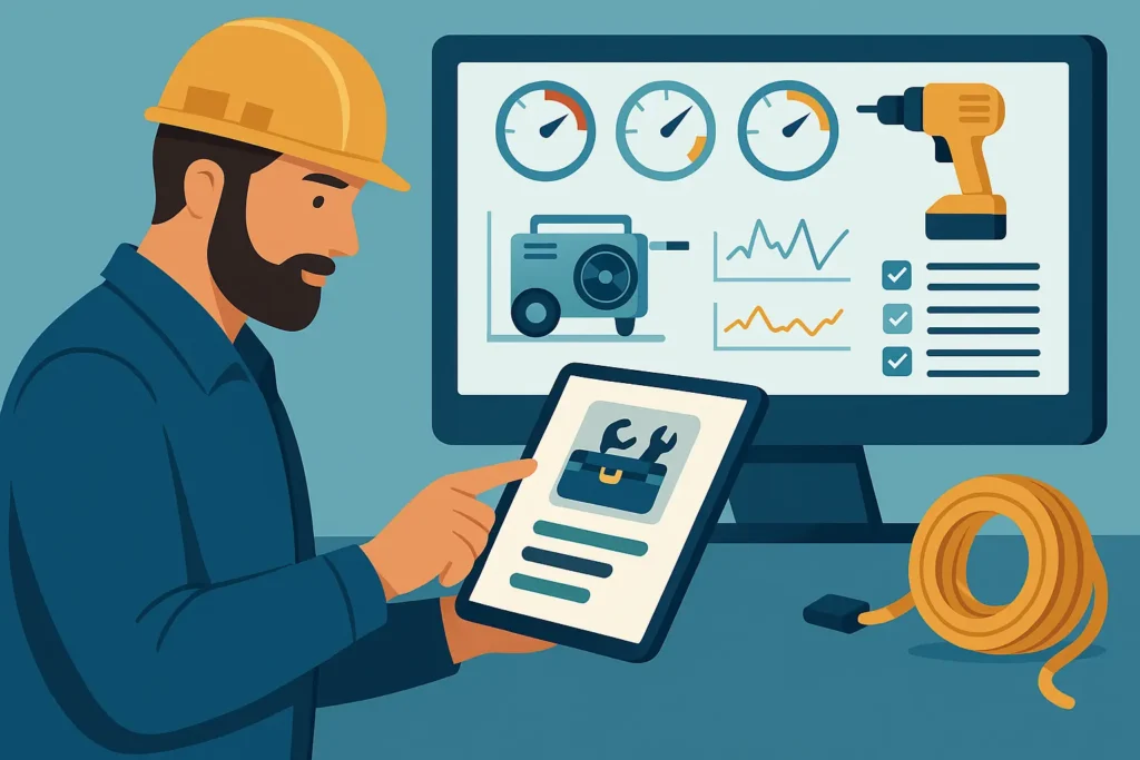 Technician using equipment tracking software on tablet in modern workspace