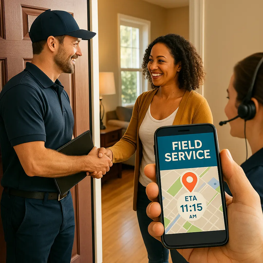 Field service technician greeting a customer at the door while a mobile app shows ETA 11:15 — improving field service customer experience
