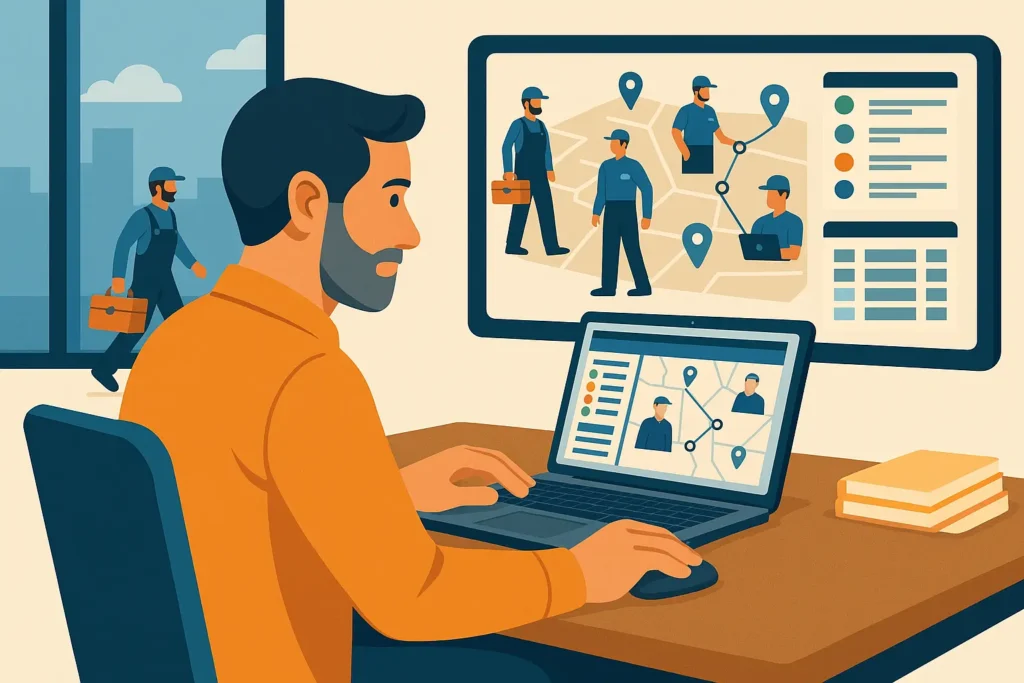 Field service manager tracking technicians on digital map and computer