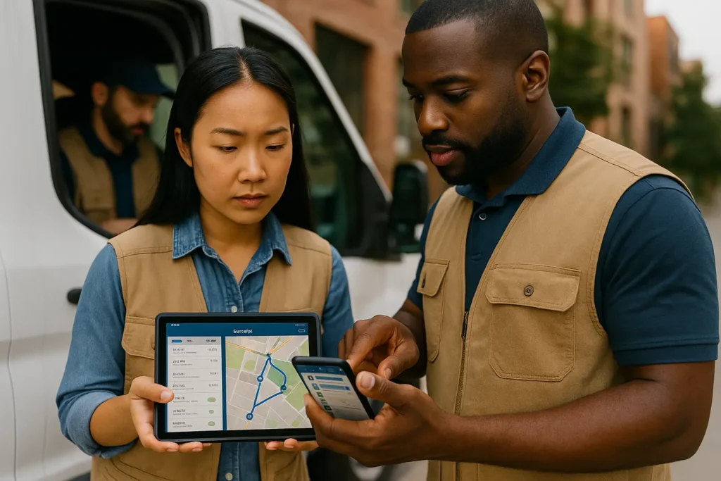 Field technicians reviewing a mobile app with route and job details beside a service van