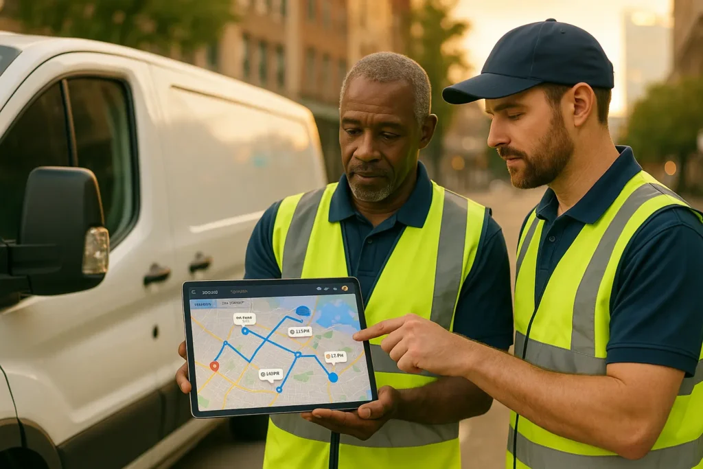 Technicians reviewing an optimized service route on a tablet next to a van